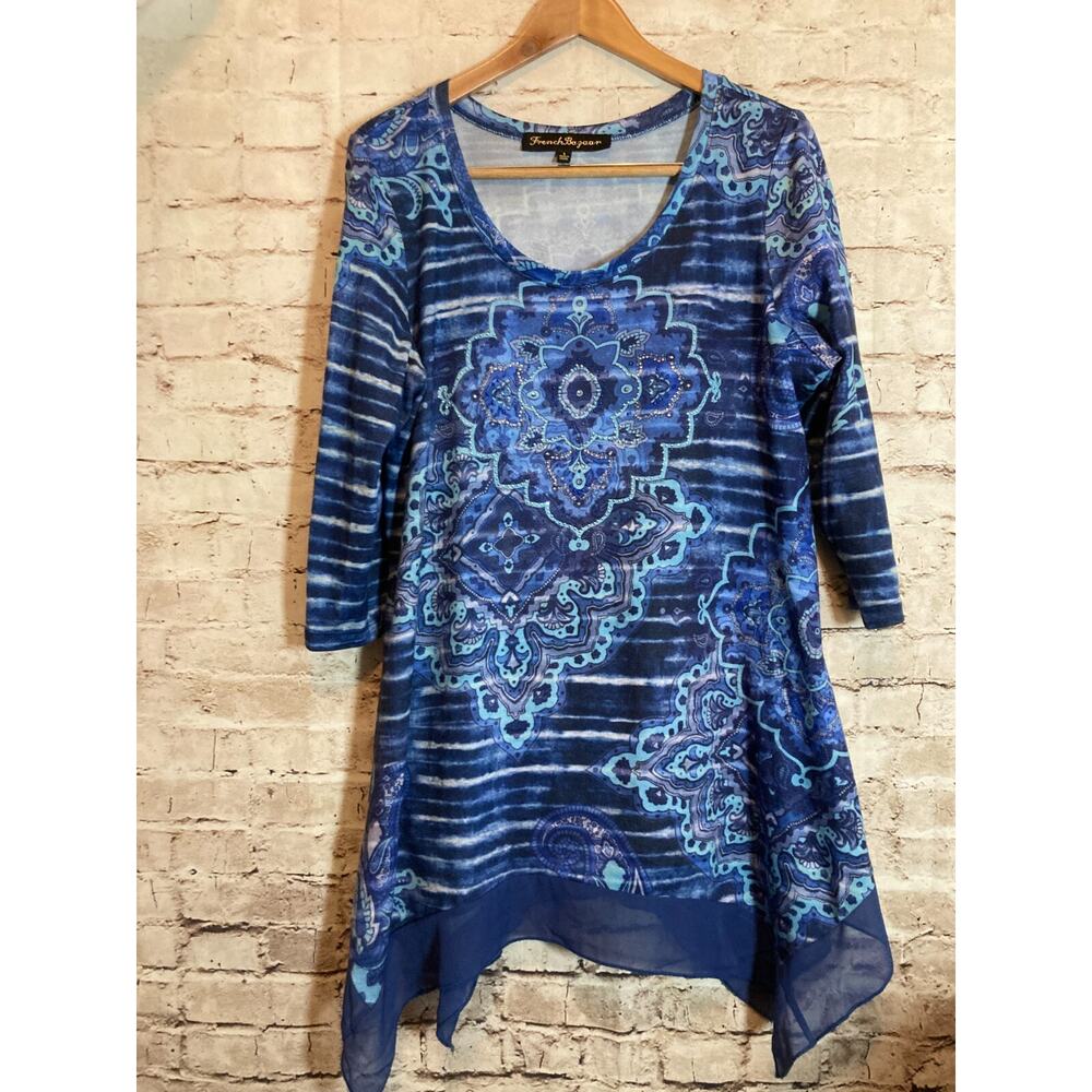 French Bazaar Tunic Top Womens Large Navy Flowy Studded Beads Asymmetric Hem